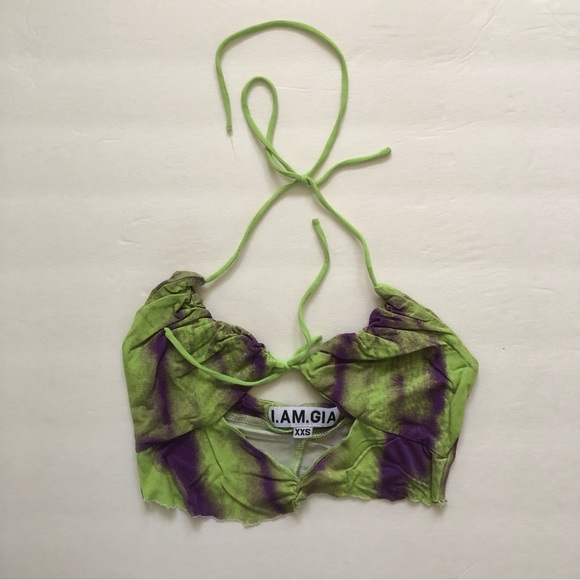 I.AM.GIA Green Purple Tie Die Print Halter Crop Top Size XXS - Picture 1 of 3